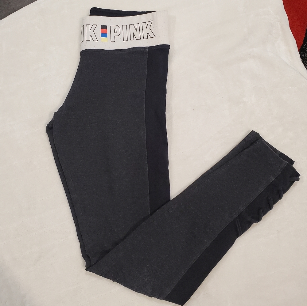 Victoria's Secret PINK Yoga Leggings Black & Gray w/Braiding Design Small EUC